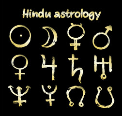 Gold icon of planet in Juotisha astrology - Vector illustration with sign Mars, Venus, Mercury, Moon, Sun, Jupiter, Saturn, Pluto, Uranus, Neptune, Rahy and Kethu