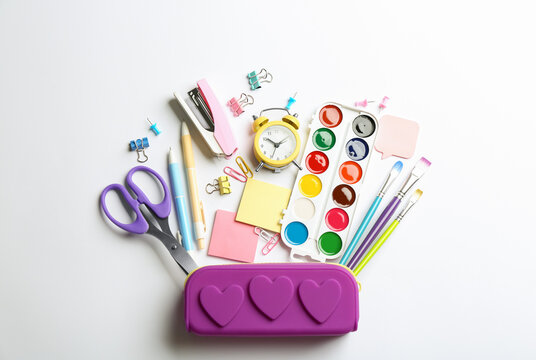 Flat lay composition with school stationery on white background. Back to school