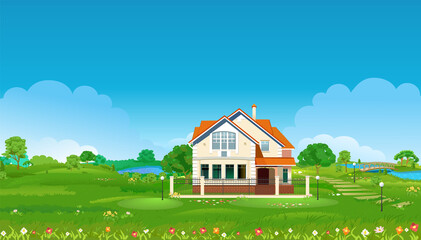 Summer meadow with a large house, ponds, green trees and flowers with a blue sky. Summer rural landscape. Vector illustration