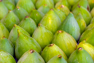 Row of vibrant green fresh ripe figs at the local market