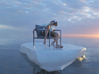 young man with VR glasses travels the sea