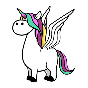Funny baby unicorn with rainbow colors hair having a bird wings and get ready to flying best for sticker or decoration for kids, Cartoon Vector