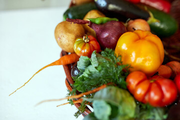 Assortment of fresh vegetables in a basket, bio healthy, organic food on white background