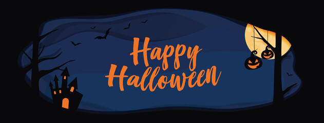 Halloween blue website banner background with Happy Halloween word and layer border