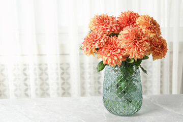Beautiful coral dahlia flowers in vase on table indoors. Space for text