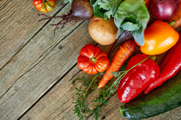 Flat lay of assortment of fresh vegetables, bio healthy, organic food