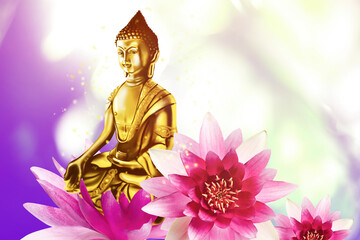 Buddha figure and lotus flowers on bright background