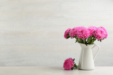Beautiful pink asters in jug on table against white background, space for text. Autumn flowers