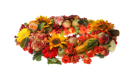 Beautiful autumnal wreath with flowers, berries and fruits isolated on white