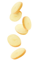 Isolated potato pieces in the air. Unpeeled slices of raw washed potato falling down over white...