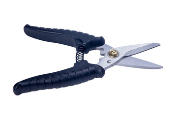 shears for cutting sheet metal with a black handle, isolated on a white background