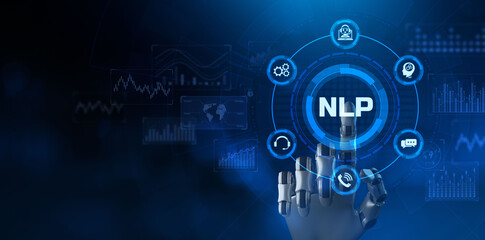 NLP Natural language processing AI Artificial intelligence. Technology concept. Robot pressing...