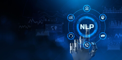 NLP Natural language processing AI Artificial intelligence. Technology concept. Robot pressing button.