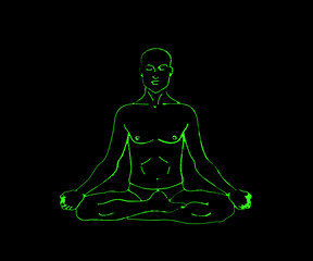 Мужчина медитирует на черном фоне. Мужской силуэт. Векторная иллюстрация.