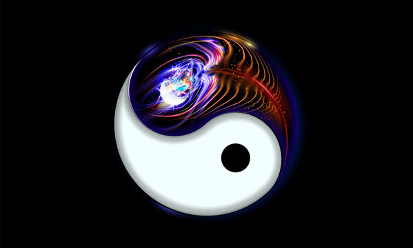 Yin and yang button, icon isolated on black background decorated luminescence peacock feather. Spiritual relaxation of glowing mandala cosmic for yoga meditation. Vector illustration