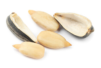 Raw peeled sunflower seeds and shell isolated on white