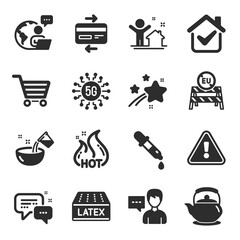 Set of Business icons, such as Eu close borders, 5g technology, Cooking water symbols. New house, Hot sale, Credit card signs. Market sale, Chemistry pipette, Teapot. Latex mattress. Vector