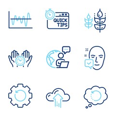 Science icons set. Included icon as Safe time, Stock analysis, Recovery gear signs. Cloud upload, Gluten free, Recovery data symbols. Face accepted, Quick tips line icons. Line icons set. Vector