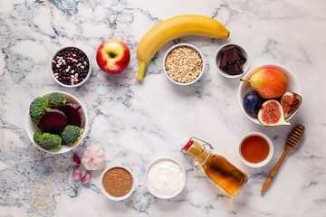 Products for healthy bowel. Natural food for gut.