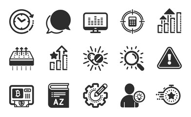 Bitcoin atm, Search and Ranking stars icons simple set. Time change, Timer and Calculator target signs. Breathable mattress, Settings gear and User idea symbols. Flat icons set. Vector