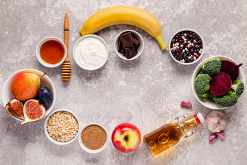 Products for healthy bowel. Natural food for gut.