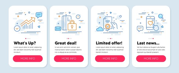 Set of Technology icons, such as Certificate, Blocked card, Demand curve symbols. Mobile app mockup banners. Heart rating line icons. Certified guarantee, Private money, Statistical report. Vector
