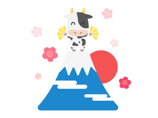 富士山の頂上で踊る牛のキャラクターのイラスト