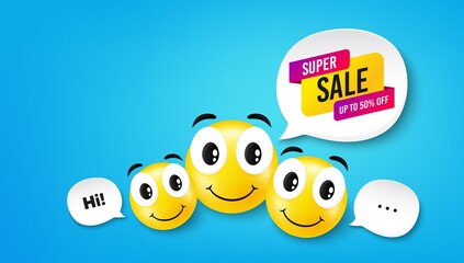 Super sale banner. Smile face with speech bubble. Discount sticker shape. Coupon bubble icon. Smile face character. Super sale speech bubble icon. Chat background. Vector