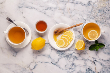 Obraz na płótnie Canvas Green tea with lemon and honey, Immunity boosting and cold remedies.