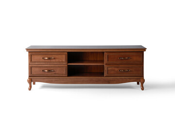 Brown TV table on white background.front view