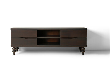 Brown TV table on white background.front view