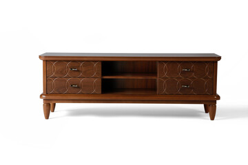Brown TV table wood on white background . front view