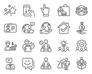 People icons set. Included icon as Click hand, Teamwork, Smile face signs. Scroll down, Business idea, Business growth symbols. Buyer, Women group, Income money. Identification card. Vector