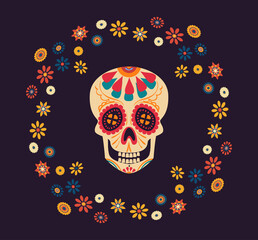 Dia de Los Muertos. vector poster with a skull surrounded by colorful flowers isolated on a dark background for the day of the dead.