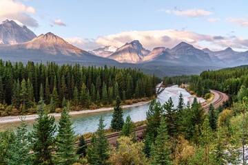View of mountains in Lake Louise at Morant’s Curve in Alberta, Canada