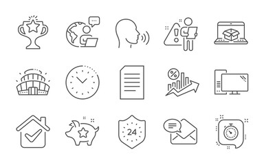 Human sing, Loyalty points and Document line icons set. Loan percent, New mail and Victory signs. Arena stadium, Time management and 24 hours symbols. Timer, Computer and Online delivery. Vector