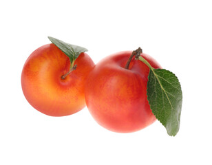Delicious ripe plums with leaves isolated on white