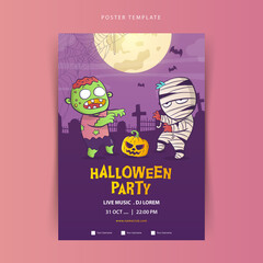 Halloween poster template with zombie and mummy cartoon vector