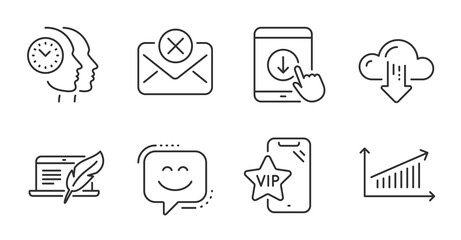 Vip phone, Reject mail and Copyright laptop line icons set. Smile face, Scroll down and Time management signs. Chart, Cloud download symbols. Quality line icons. Vip phone badge. Vector