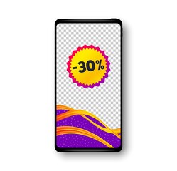 Sale 30 percent off banner. Phone mockup vector banner. Discount sticker shape. Coupon bubble icon. Social story post template. Sale 30% badge. Cell phone frame. Liquid modern background. Vector