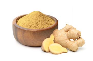 Finely dry Ginger powder in wooden bowl with  rhizome (root) sliced isolated on white background.