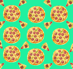 Pepperoni pizza pattern design on light green background