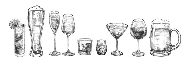 types of alcohol drinks glasses - obrazy, fototapety, plakaty