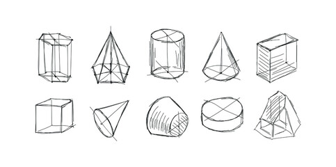 Hand-drawn vector sphere, cube and other geometric shapes in three-dimensional space with shadows diagram