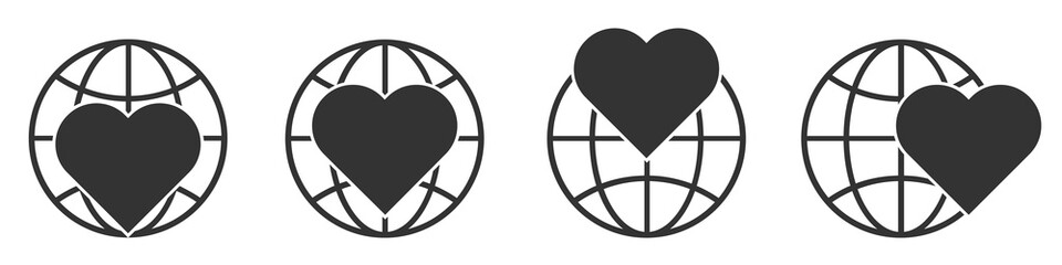 Planet Earth icon with heart symbol. Linear globe icons.