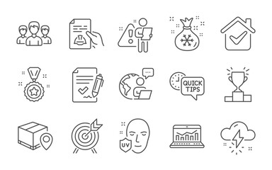 Approved agreement, Web analytics and Uv protection line icons set. Winner podium, Quick tips and Parcel tracking signs. Winner reward, Thunderstorm weather and Archery symbols. Line icons set. Vector
