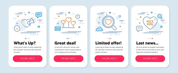 Set of Love icons, such as Love heart, Search love, Nice girl line icons. Mobile app mockup banners. Romantic feelings, Dating service, Heart. Love heart icons. Mobile screen carousel. Vector