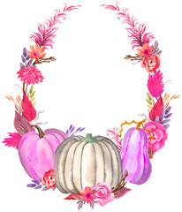 Pink pumpkins, fall flowers watercolor wreath. Hand drawn autumn, fall, thanksgiving frame. Natural organic vegetarian food, harvest. Wedding invitation,card, background, poster, banner, template
