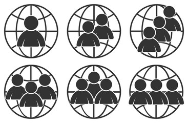 Planet Earth symbol with man icons. Set of linear globe icons.