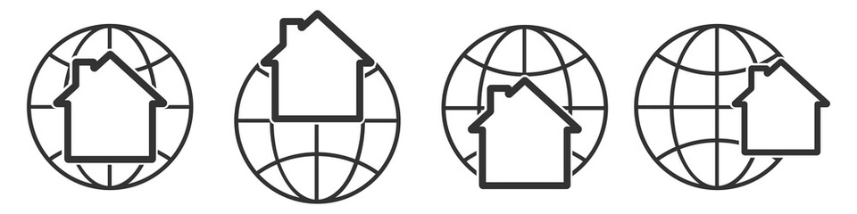 Planet Earth symbol with house icon. Set of linear globe icons.